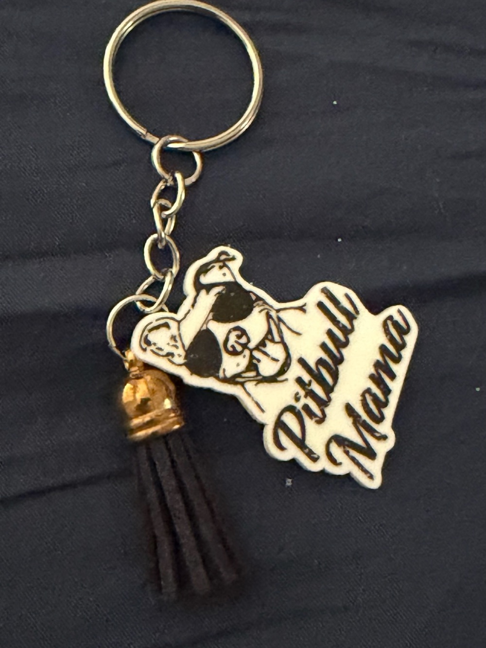 Pitbull Mama Keychain - White and Black Dog Pendant with Brown Tassel